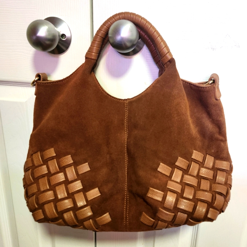 Moda Luxe Caramel Suede and Leather Satchel